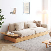 Beige folding sofa bed with solid wood frame and upholstered cotton linen cushions